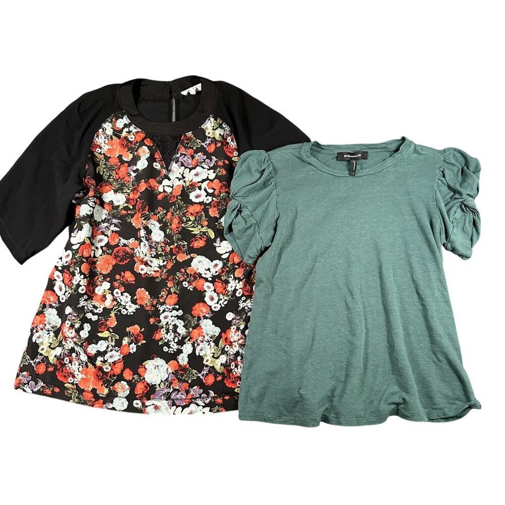BCBGMaxazria Tops‎ Womens Small Lot of 2 Blouses Floral Solid Short Sleeve